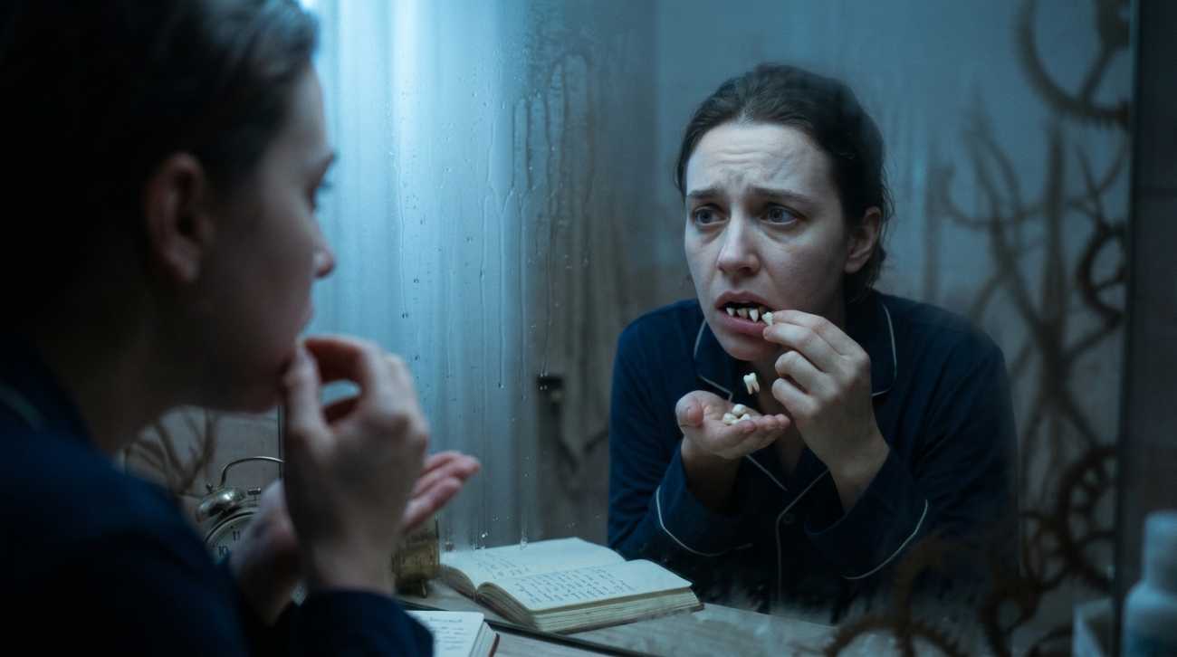 mujer mirandose en el espejo viendo como le caen los dientes.